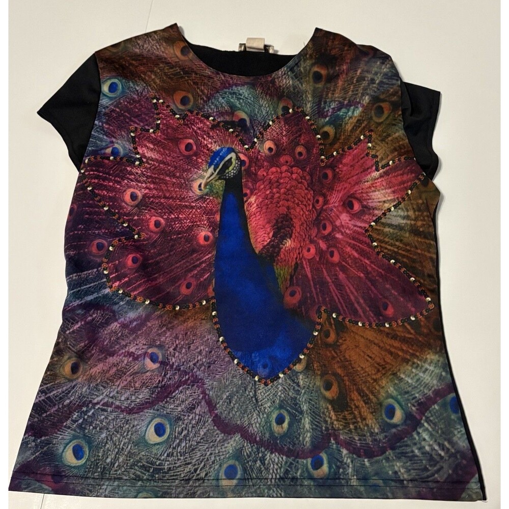 Susan Lawrence Vintage Women’s Blouse L Peacock Animal Print Wearable Art